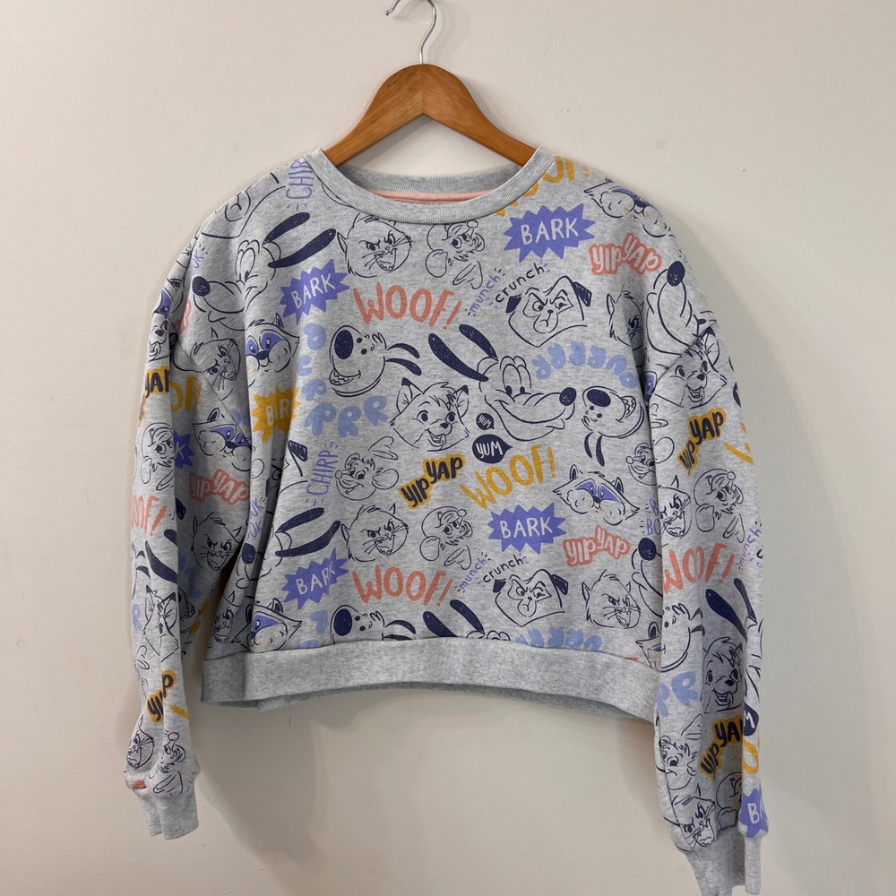 Disney Parks Women Large Gray All Over Print Animal Sound Graphic Sweatshirt